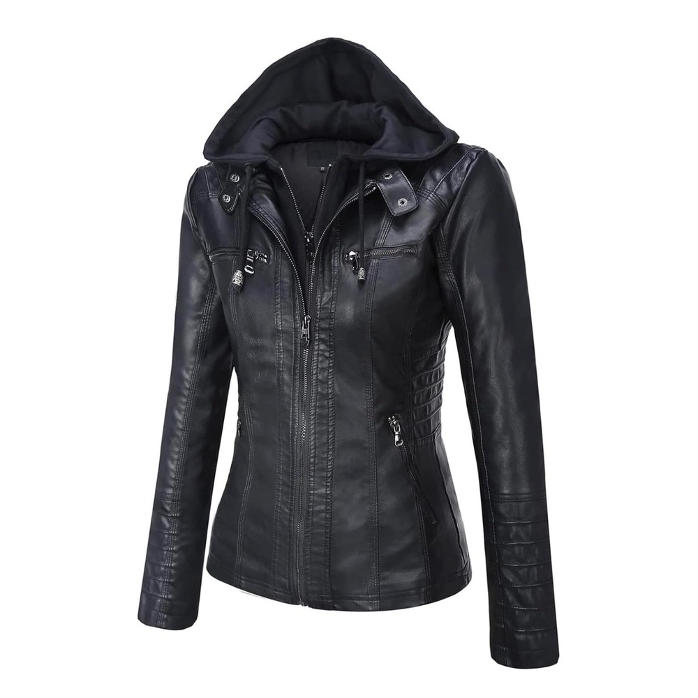 Springrain Womens Black Faux Leather Moto Jacket Removable Hood Size 2XL